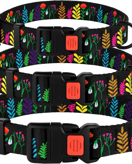 Floral Dog Collar Nylon Pattern Flower Print Adjustable Pet Collars for Dogs Small Medium Large Puppy (Neck Fit 12"-16", Black)