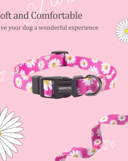Adjustable Soft Dog Collar: Print Flower Pink Multicolor Cute Patterns for XS Small Medium Large Pet Girl Boy Puppy Walking Running Training (S, Small Daisies)