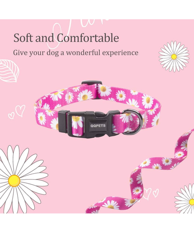 Adjustable Soft Dog Collar: Print Flower Pink Multicolor Cute Patterns for XS Small Medium Large Pet Girl Boy Puppy Walking Running Training (S, Small Daisies)