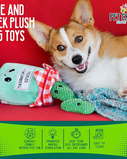 Hide and Seek Plush Dog Toys Crinkle Squeaky Interactive Burrow Activity Puzzle Chew Fetch Treat Hiding Brain Stimulating Cute Funny Toy Bundle Pack -Pickles, for Medium Breeds