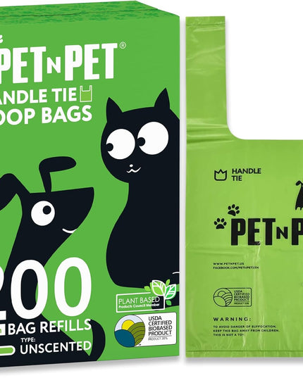 200 Counts Unscented Dog Poop Bags Rolls with Tie Handles, 38% Plant Based & 62% PE Poop Bags for Dogs, Extra-Thick Doggie Poo Bag, Pet Waste Bag