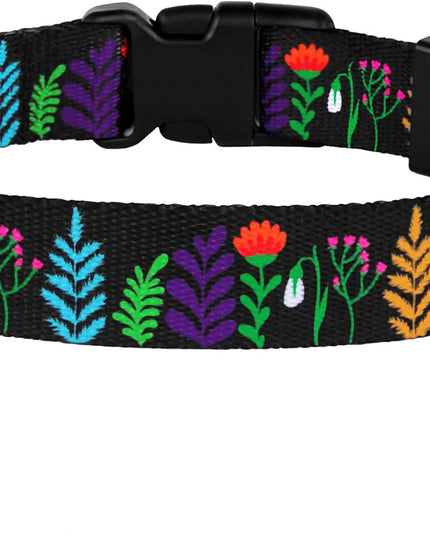 Floral Dog Collar Nylon Pattern Flower Print Adjustable Pet Collars for Dogs Small Medium Large Puppy (Neck Fit 12"-16", Black)