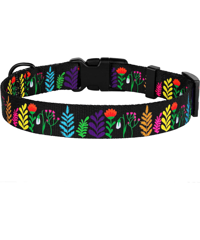 Floral Dog Collar Nylon Pattern Flower Print Adjustable Pet Collars for Dogs Small Medium Large Puppy (Neck Fit 12"-16", Black)
