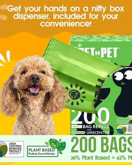 200 Counts Unscented Dog Poop Bags Rolls with Tie Handles, 38% Plant Based & 62% PE Poop Bags for Dogs, Extra-Thick Doggie Poo Bag, Pet Waste Bag