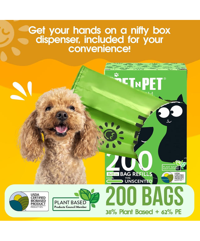 200 Counts Unscented Dog Poop Bags Rolls with Tie Handles, 38% Plant Based & 62% PE Poop Bags for Dogs, Extra-Thick Doggie Poo Bag, Pet Waste Bag