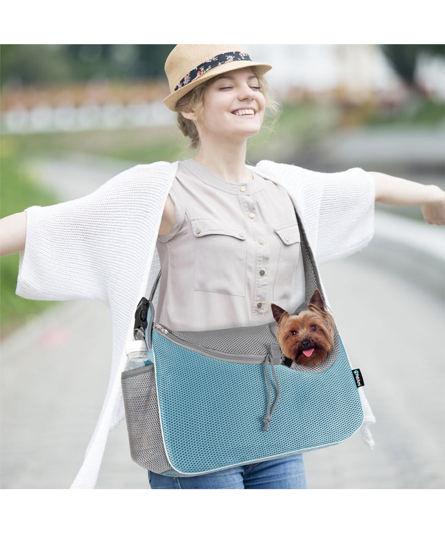 Small Dog Sling Carrier, Soft-Sided Crossbody Puppy Carrying Purse Bag, Adjustable Sling Pet Pouch to Wear Medium Dog Cat Travel, Dog Bag for Traveling, Breathable, Poop Bag Dispenser, Blue