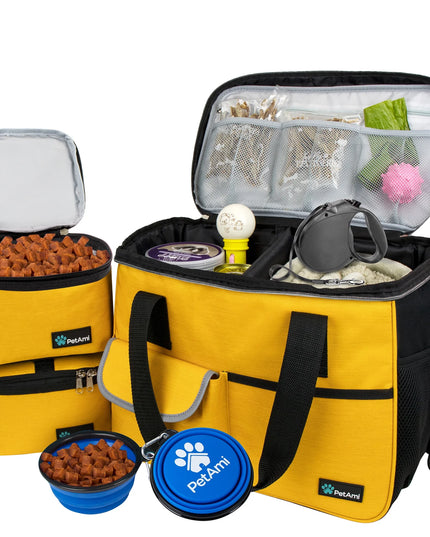 Medium Dog Travel Bag with Food Containers and Bowls, Yellow, 22 L Limit