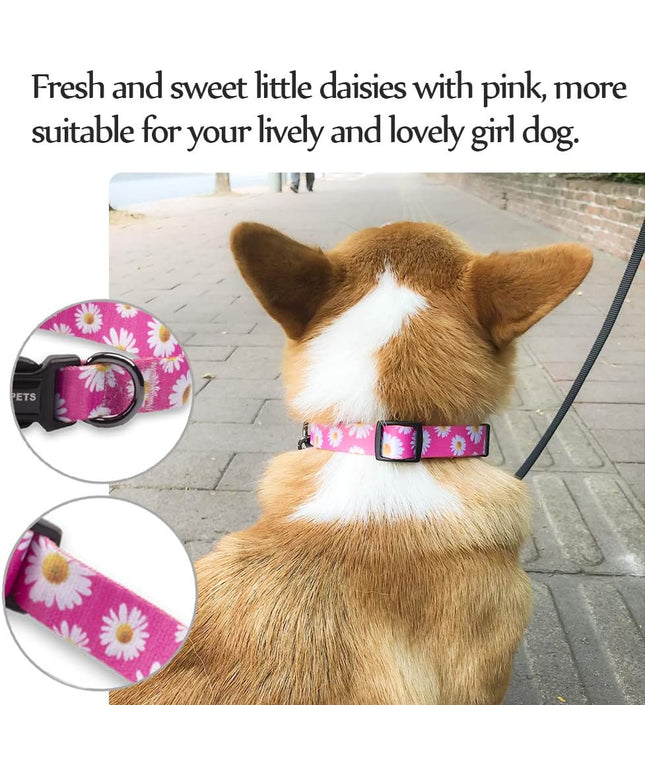 Adjustable Soft Dog Collar: Print Flower Pink Multicolor Cute Patterns for XS Small Medium Large Pet Girl Boy Puppy Walking Running Training (S, Small Daisies)