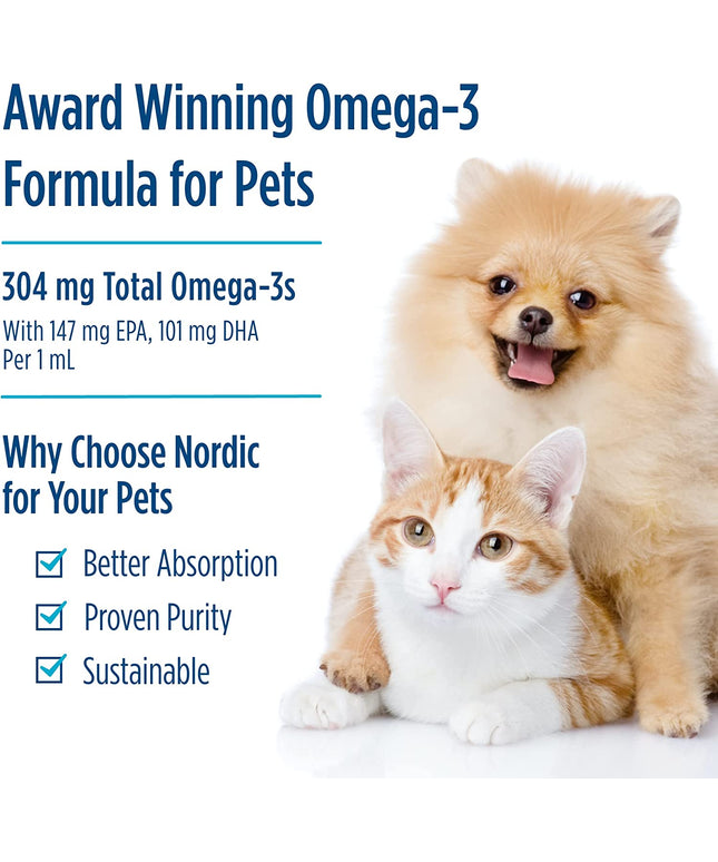 Omega-3 Pet, Unflavored - 2 Oz - 304 Mg Omega-3 per One Ml - Fish Oil for Small Dogs & Cats with EPA & DHA - Promotes Heart, Skin, Coat, & Immune Health