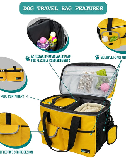 Medium Dog Travel Bag with Food Containers and Bowls, Yellow, 22 L Limit