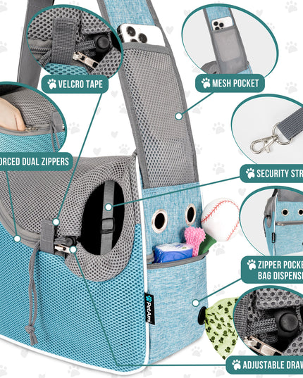Small Dog Sling Carrier, Soft-Sided Crossbody Puppy Carrying Purse Bag, Adjustable Sling Pet Pouch to Wear Medium Dog Cat Travel, Dog Bag for Traveling, Breathable, Poop Bag Dispenser, Blue