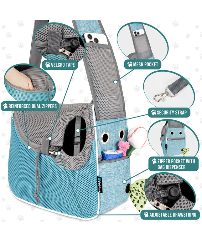 Small Dog Sling Carrier, Soft-Sided Crossbody Puppy Carrying Purse Bag, Adjustable Sling Pet Pouch to Wear Medium Dog Cat Travel, Dog Bag for Traveling, Breathable, Poop Bag Dispenser, Blue