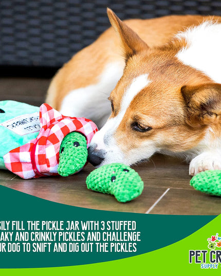 Hide and Seek Plush Dog Toys Crinkle Squeaky Interactive Burrow Activity Puzzle Chew Fetch Treat Hiding Brain Stimulating Cute Funny Toy Bundle Pack -Pickles, for Medium Breeds