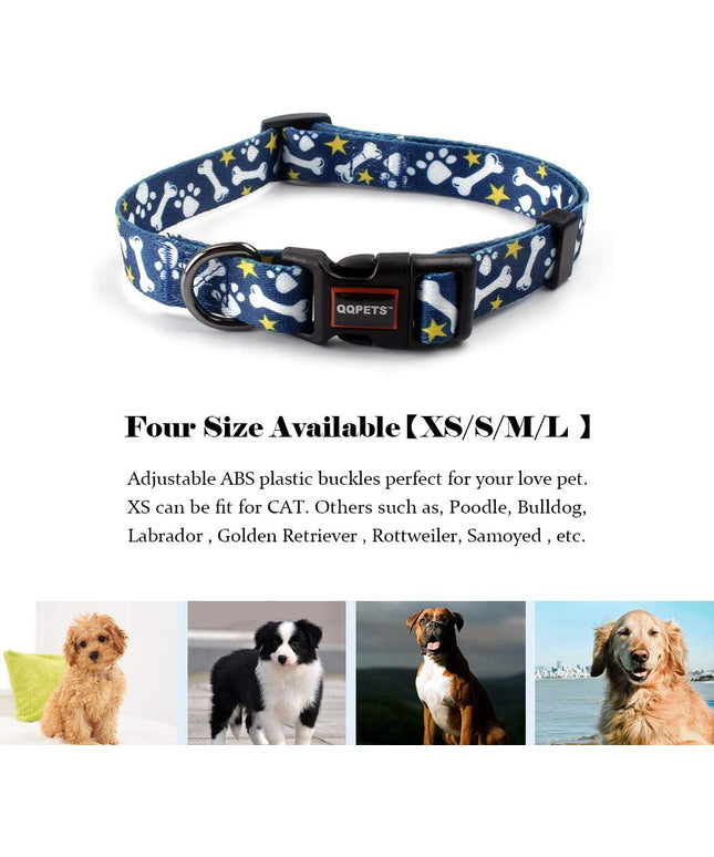 Adjustable Soft Dog Collar: Print Flower Pink Multicolor Cute Patterns for XS Small Medium Large Pet Girl Boy Puppy Walking Running Training (M, Bone)