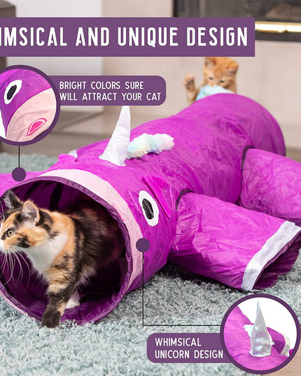 Magic Mewnicorn Multi Cat Tunnel Boredom Relief Toys with Crinkle Feather String for Dogs, Cats, Rabbits, Kittens and Guinea Pigs for Hiding Hunting and Resting
