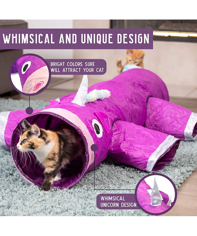 Magic Mewnicorn Multi Cat Tunnel Boredom Relief Toys with Crinkle Feather String for Dogs, Cats, Rabbits, Kittens and Guinea Pigs for Hiding Hunting and Resting