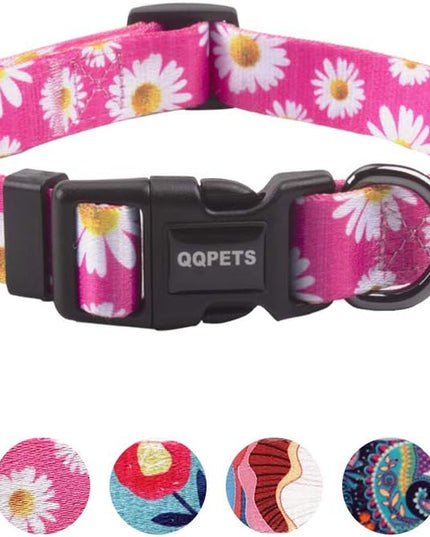 Adjustable Soft Dog Collar: Print Flower Pink Multicolor Cute Patterns for XS Small Medium Large Pet Girl Boy Puppy Walking Running Training (S, Small Daisies)