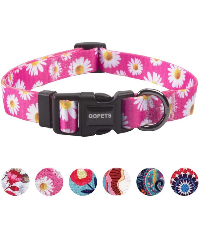 Adjustable Soft Dog Collar: Print Flower Pink Multicolor Cute Patterns for XS Small Medium Large Pet Girl Boy Puppy Walking Running Training (S, Small Daisies)