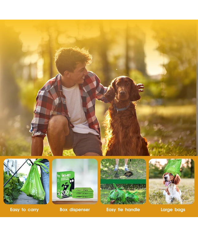 200 Counts Unscented Dog Poop Bags Rolls with Tie Handles, 38% Plant Based & 62% PE Poop Bags for Dogs, Extra-Thick Doggie Poo Bag, Pet Waste Bag