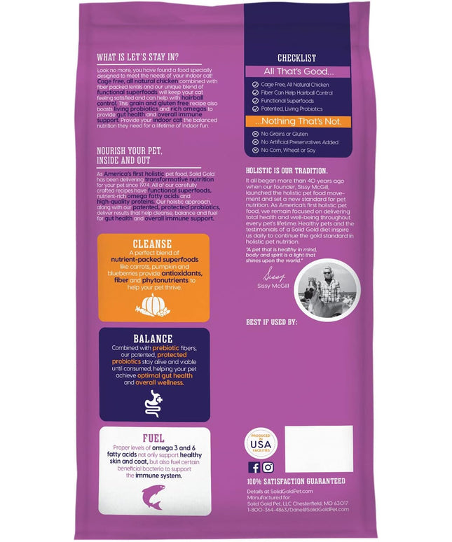 Indoor Dry Cat Food - Let'S Stay in Cat Food Dry Kibble for Indoor Cats - Hairball & Sensitive Stomach - Grain & Gluten Free - Probiotics & Fiber for Digestive Health - Chicken - 12Lb