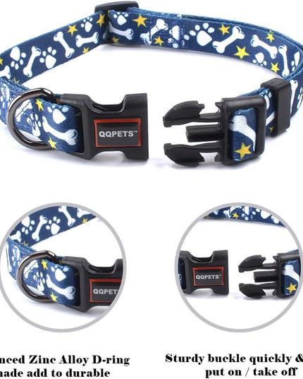 Adjustable Soft Dog Collar: Print Flower Pink Multicolor Cute Patterns for XS Small Medium Large Pet Girl Boy Puppy Walking Running Training (M, Bone)