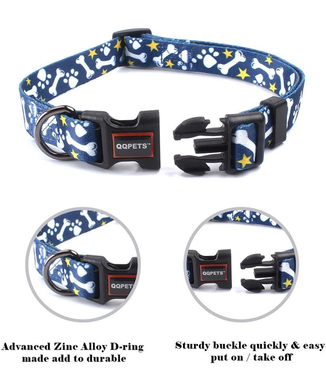 Adjustable Soft Dog Collar: Print Flower Pink Multicolor Cute Patterns for XS Small Medium Large Pet Girl Boy Puppy Walking Running Training (M, Bone)