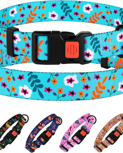 Floral Dog Collar Nylon Pattern Flower Print Adjustable Pet Collars for Dogs Small Medium Large Puppy (Neck Fit 10"-13", Aquamarine)