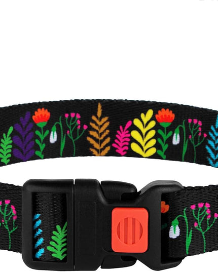 Floral Dog Collar Nylon Pattern Flower Print Adjustable Pet Collars for Dogs Small Medium Large Puppy (Neck Fit 12"-16", Black)