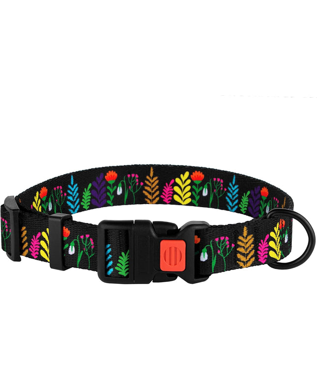Floral Dog Collar Nylon Pattern Flower Print Adjustable Pet Collars for Dogs Small Medium Large Puppy (Neck Fit 12"-16", Black)