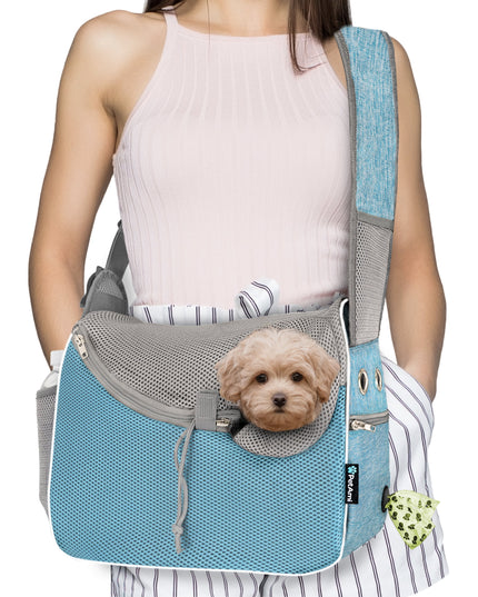 Small Dog Sling Carrier, Soft-Sided Crossbody Puppy Carrying Purse Bag, Adjustable Sling Pet Pouch to Wear Medium Dog Cat Travel, Dog Bag for Traveling, Breathable, Poop Bag Dispenser, Blue