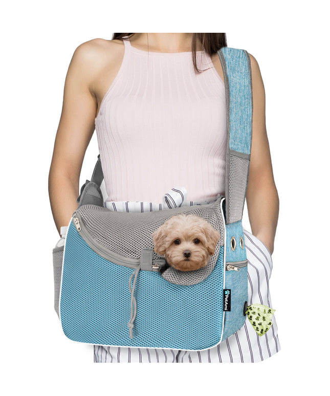 Small Dog Sling Carrier, Soft-Sided Crossbody Puppy Carrying Purse Bag, Adjustable Sling Pet Pouch to Wear Medium Dog Cat Travel, Dog Bag for Traveling, Breathable, Poop Bag Dispenser, Blue
