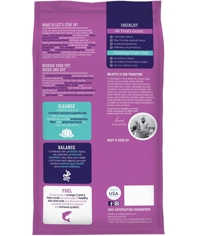 Indoor Dry Cat Food - Let'S Stay in Cat Food Dry Kibble for Indoor Cats - Hairball & Sensitive Stomach - Grain & Gluten Free - Probiotics & Fiber for Digestive Health - Salmon - 12Lb