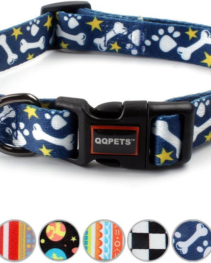 Adjustable Soft Dog Collar: Print Flower Pink Multicolor Cute Patterns for XS Small Medium Large Pet Girl Boy Puppy Walking Running Training (M, Bone)