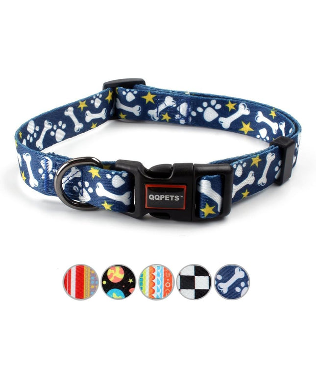 Adjustable Soft Dog Collar: Print Flower Pink Multicolor Cute Patterns for XS Small Medium Large Pet Girl Boy Puppy Walking Running Training (M, Bone)