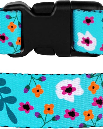 Floral Dog Collar Nylon Pattern Flower Print Adjustable Pet Collars for Dogs Small Medium Large Puppy (Neck Fit 10"-13", Aquamarine)