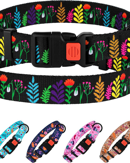 Floral Dog Collar Nylon Pattern Flower Print Adjustable Pet Collars for Dogs Small Medium Large Puppy (Neck Fit 12"-16", Black)