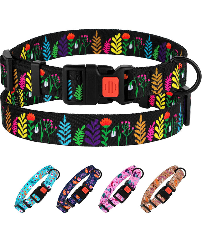 Floral Dog Collar Nylon Pattern Flower Print Adjustable Pet Collars for Dogs Small Medium Large Puppy (Neck Fit 12"-16", Black)