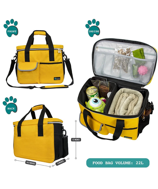 Medium Dog Travel Bag with Food Containers and Bowls, Yellow, 22 L Limit