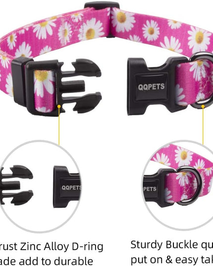 Adjustable Soft Dog Collar: Print Flower Pink Multicolor Cute Patterns for XS Small Medium Large Pet Girl Boy Puppy Walking Running Training (S, Small Daisies)