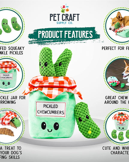 Hide and Seek Plush Dog Toys Crinkle Squeaky Interactive Burrow Activity Puzzle Chew Fetch Treat Hiding Brain Stimulating Cute Funny Toy Bundle Pack -Pickles, for Medium Breeds