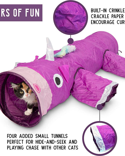 Magic Mewnicorn Multi Cat Tunnel Boredom Relief Toys with Crinkle Feather String for Dogs, Cats, Rabbits, Kittens and Guinea Pigs for Hiding Hunting and Resting