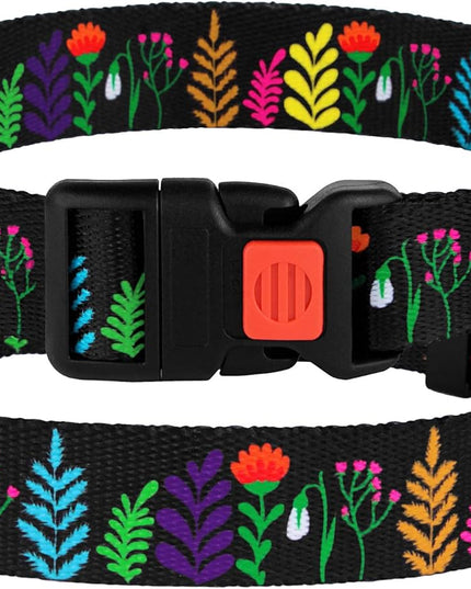 Floral Dog Collar Nylon Pattern Flower Print Adjustable Pet Collars for Dogs Small Medium Large Puppy (Neck Fit 12"-16", Black)