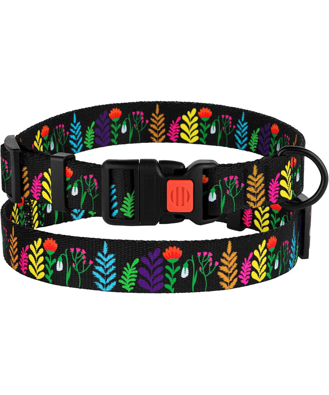 Floral Dog Collar Nylon Pattern Flower Print Adjustable Pet Collars for Dogs Small Medium Large Puppy (Neck Fit 12"-16", Black)